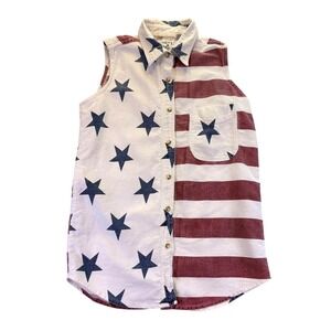 VTG Andrews Blues Womens Americana Flag Sleeveless Shirt Stars Stripes Size L